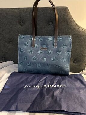 Dooney & Bourke Denim DB Signature Tote with Brown Straps